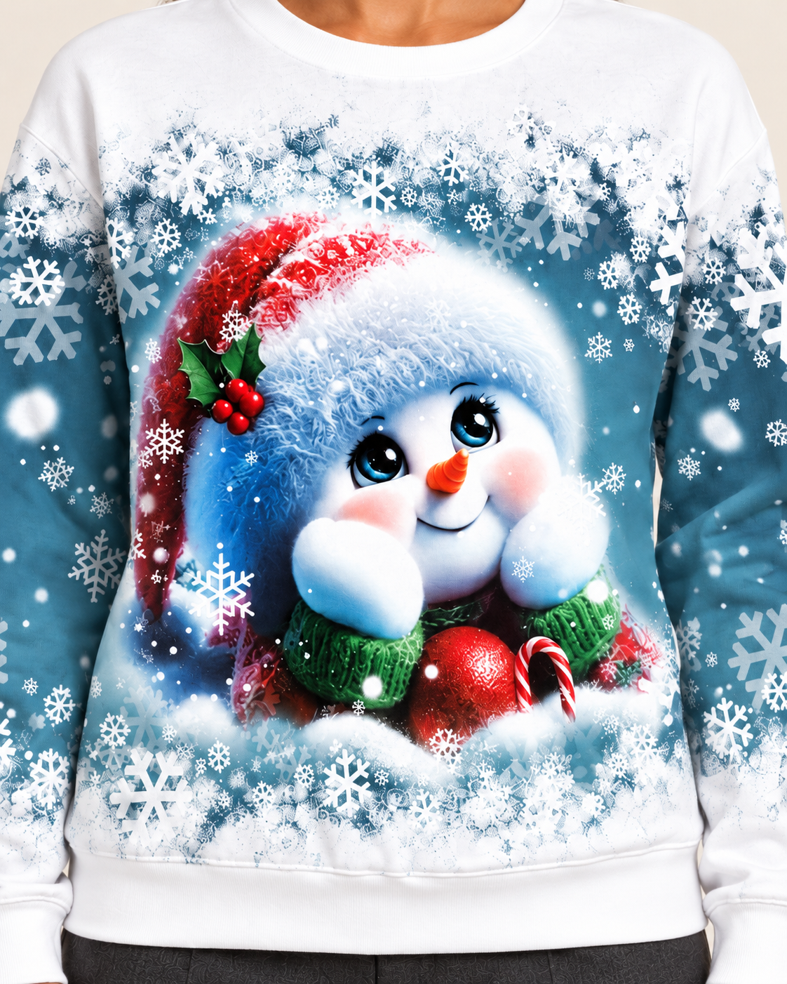 Women's Christmas Print Crew Neck Sweatshirt in Peeking Snowman