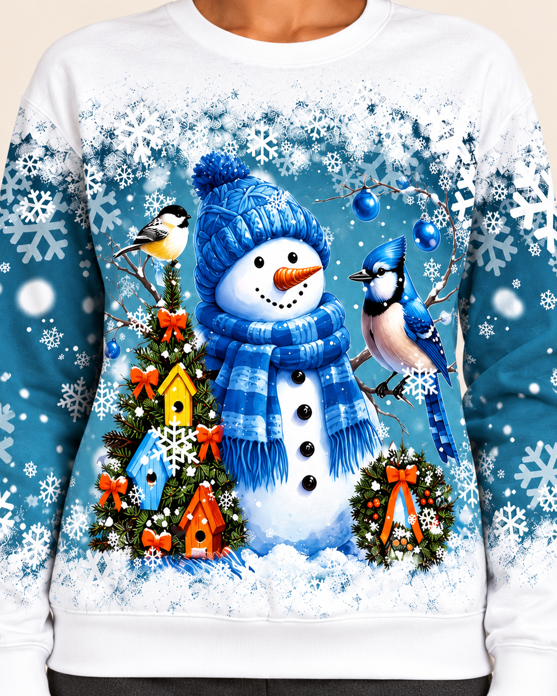 Women's Christmas Print Crew Neck Sweatshirt in Bluebird Snowman