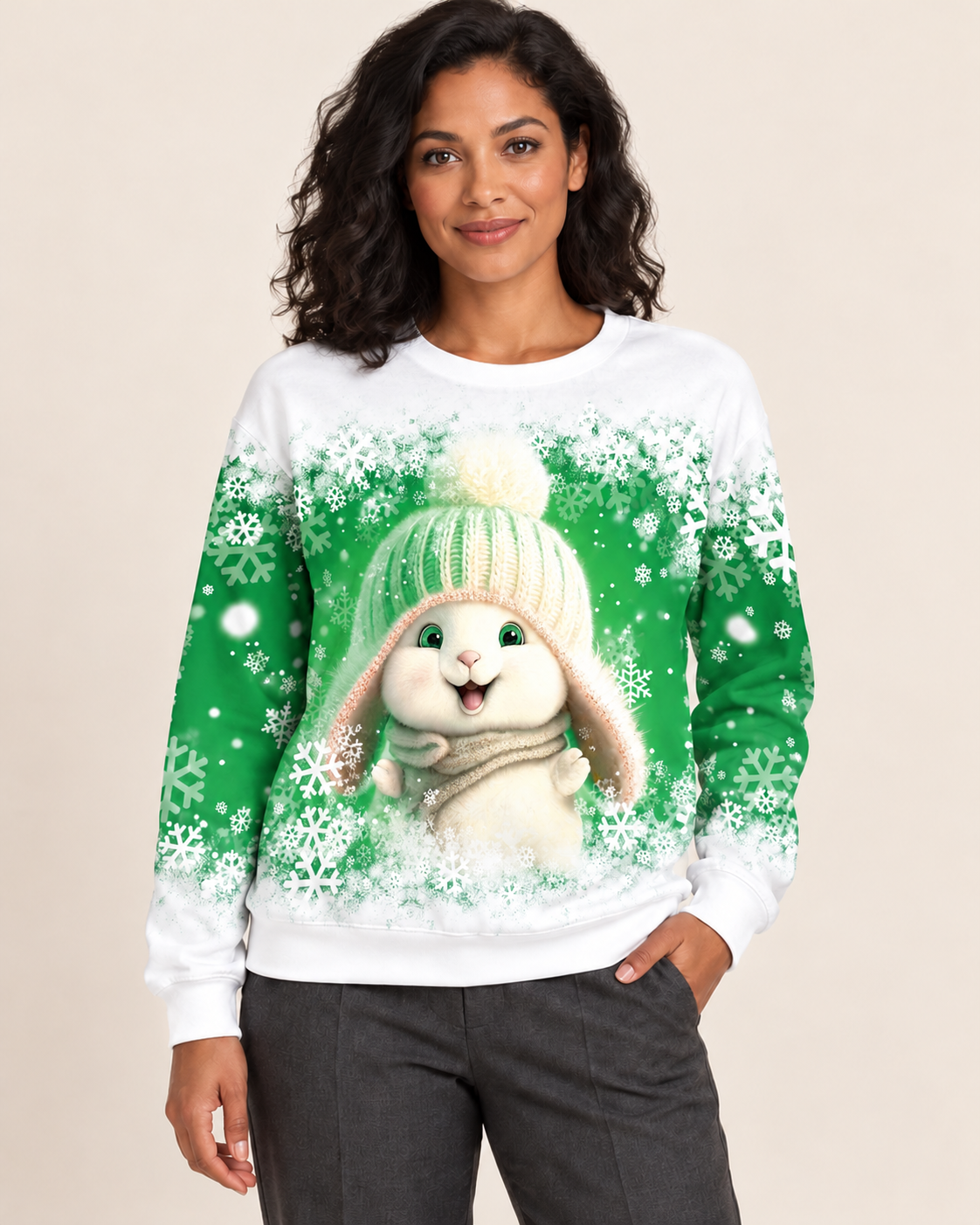 Women's Christmas Print Crew Neck Sweatshirt in Green Bunny