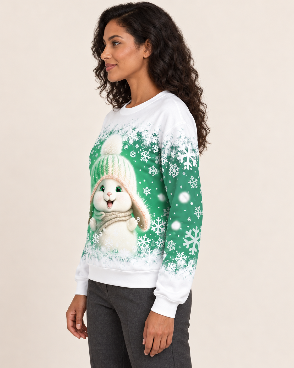 Women's Christmas Print Crew Neck Sweatshirt in Green Bunny