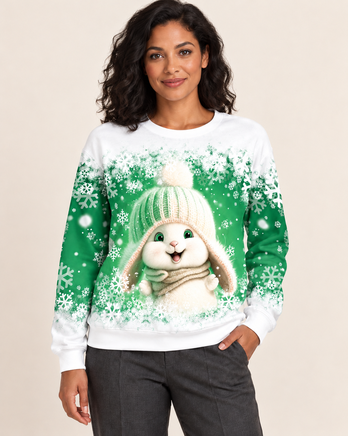 Women's Christmas Print Crew Neck Sweatshirt in Green Bunny