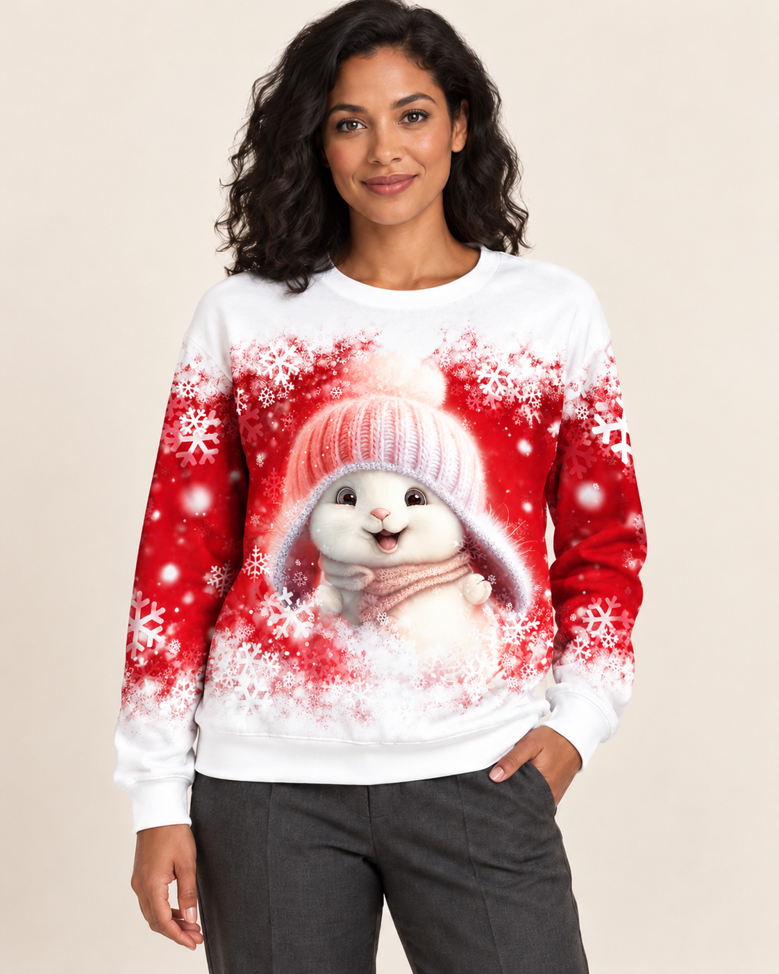 Women's Christmas Print Crew Neck Sweatshirt in Red Bunny