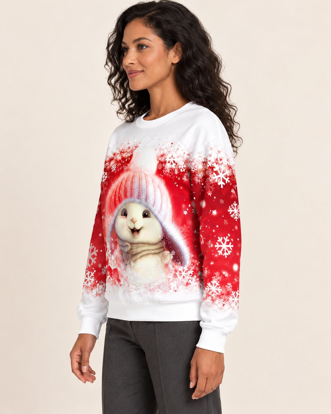 Women's Christmas Print Crew Neck Sweatshirt in Red Bunny