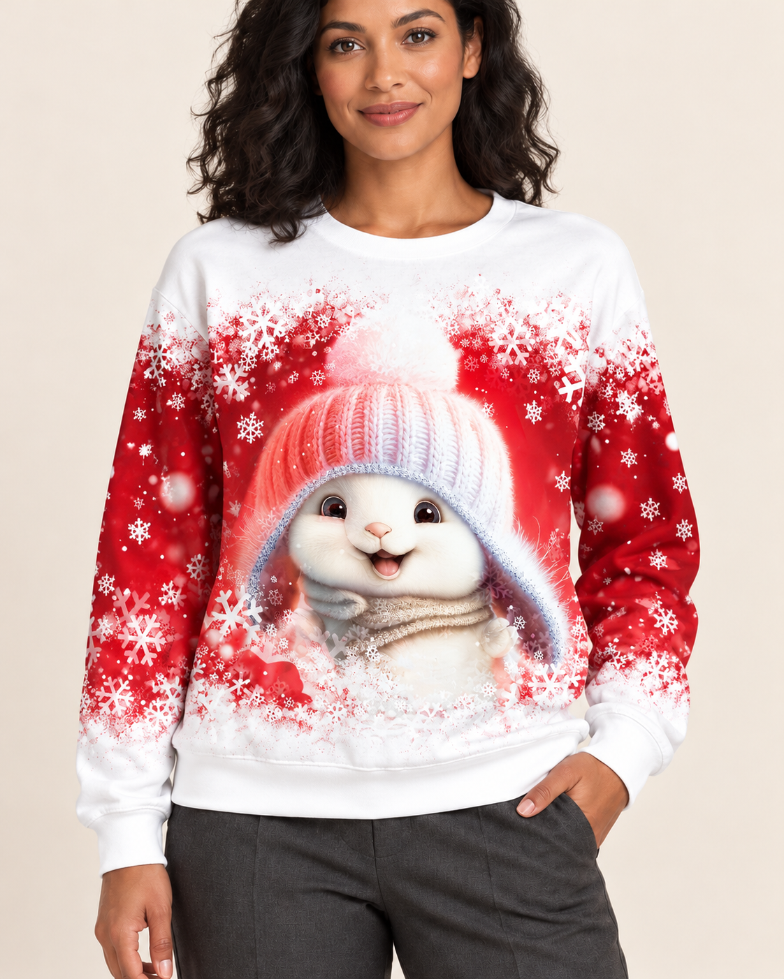Women's Christmas Print Crew Neck Sweatshirt in Red Bunny