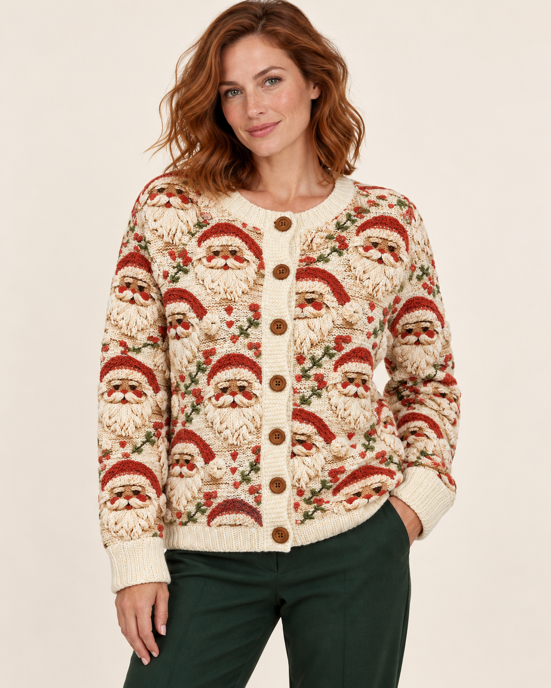 Women's Christmas Santa Print Cardigan in Cream