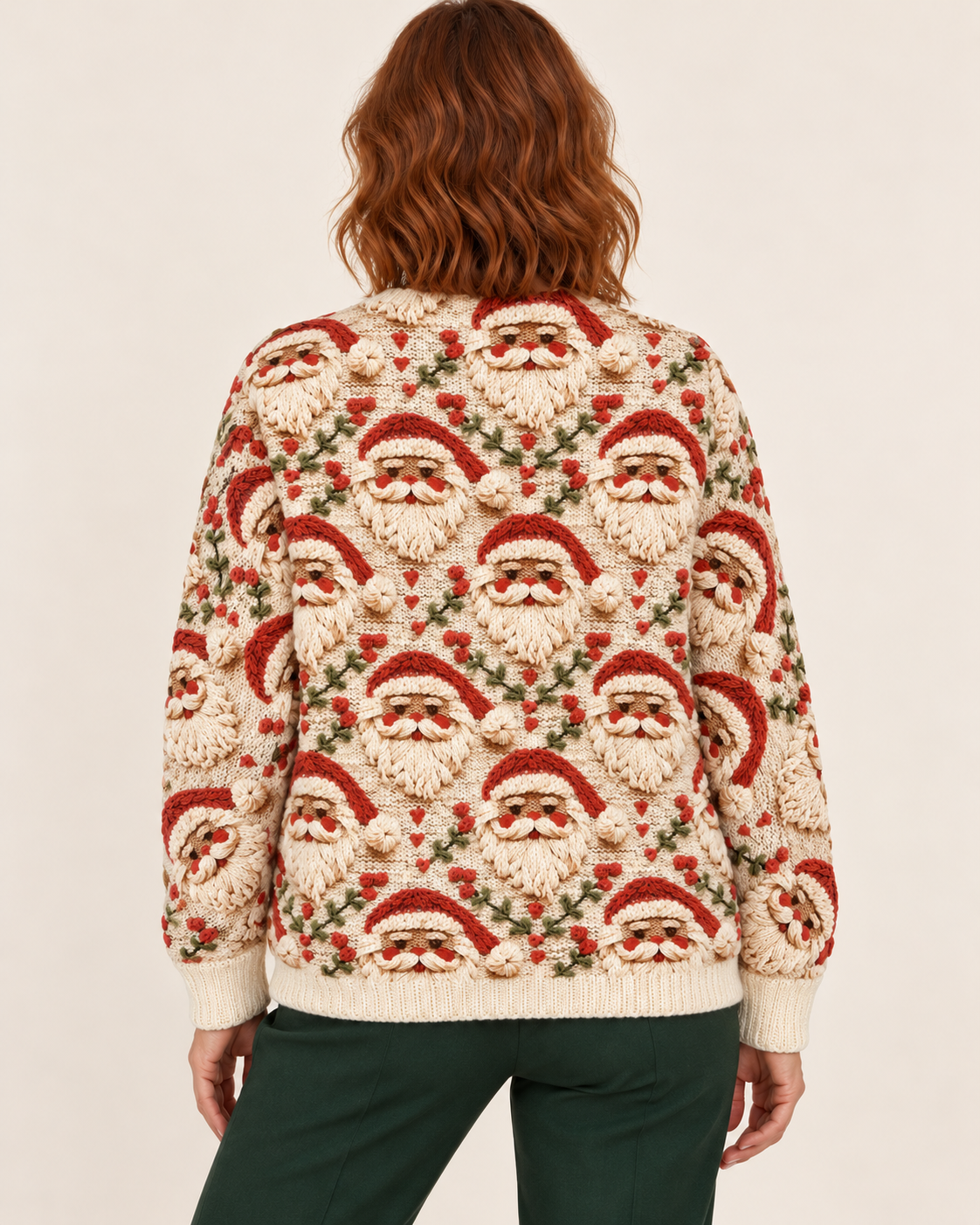 Women's Christmas Santa Print Cardigan in Cream