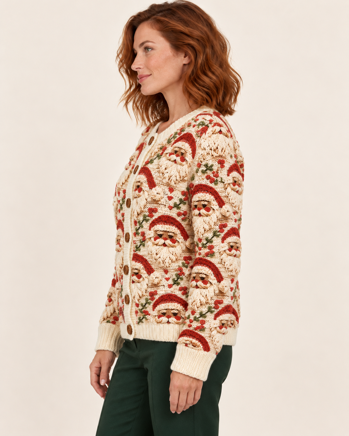 Women's Christmas Santa Print Cardigan in Cream
