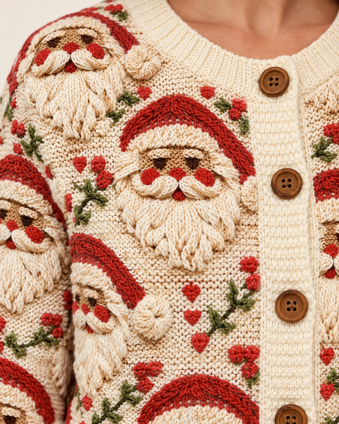 Women's Christmas Santa Print Cardigan in Cream