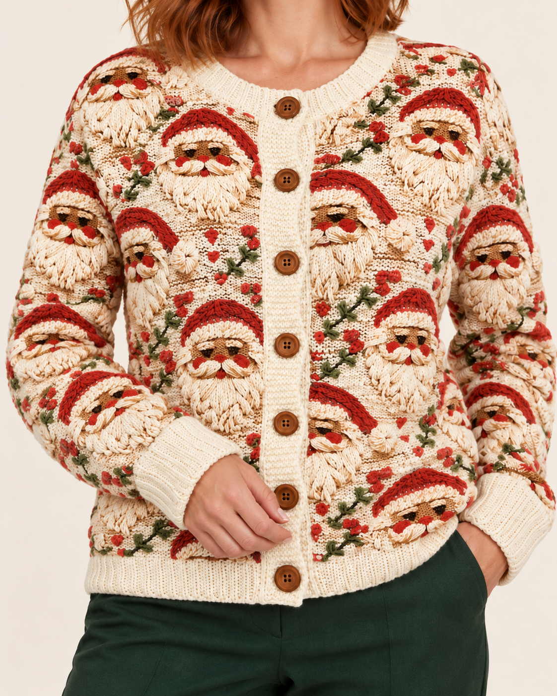 Women's Christmas Santa Print Cardigan in Cream