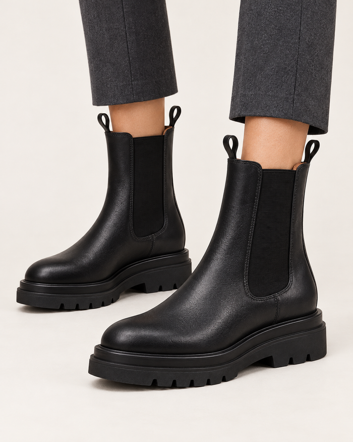 Women's Chunky Black Chelsea Boots with Platform Lug Sole
