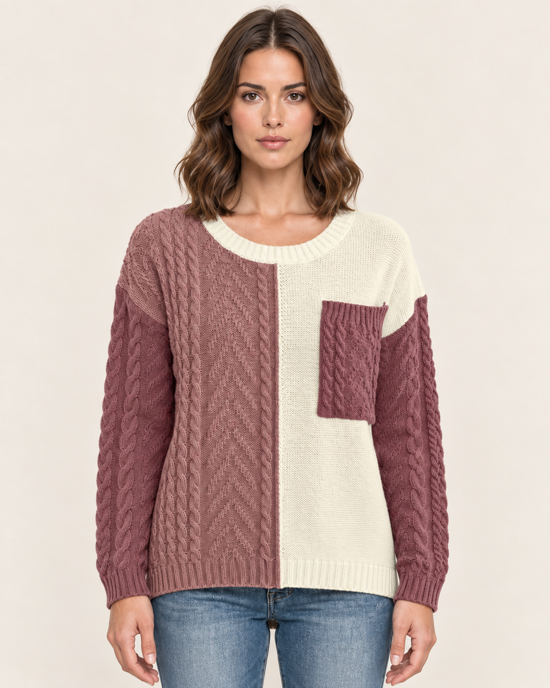 Women's Colour Block Cable Knit Jumper with Patch Pocket in Burgundy