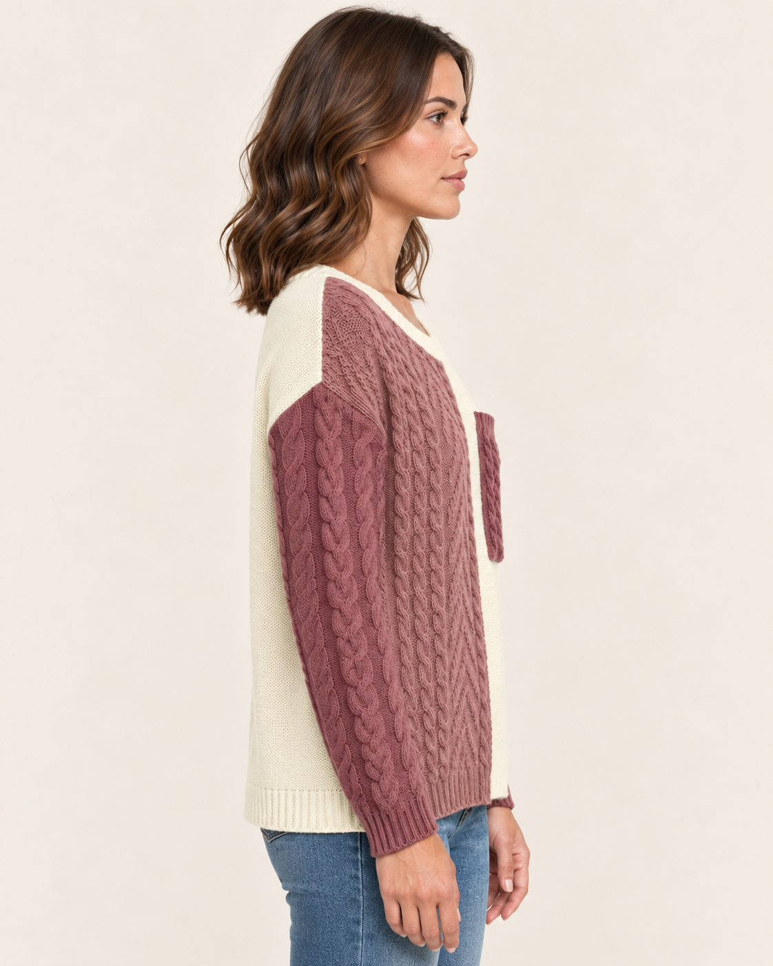 Women's Colour Block Cable Knit Jumper with Patch Pocket in Burgundy, side view