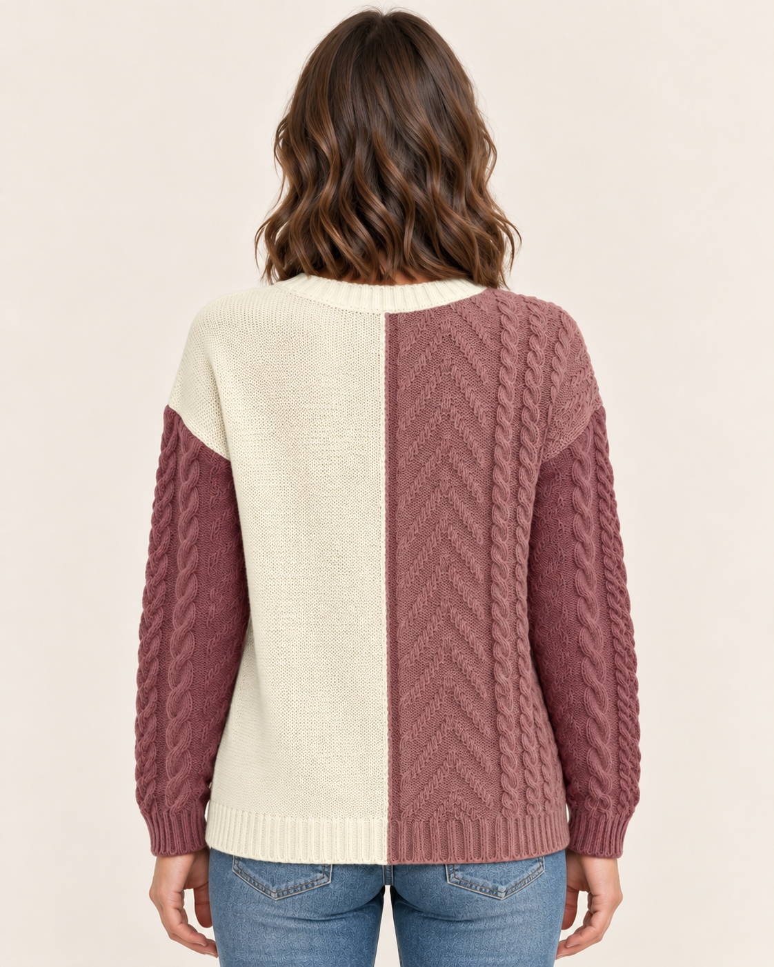 Women's Colour Block Cable Knit Jumper with Patch Pocket in Burgundy, back view