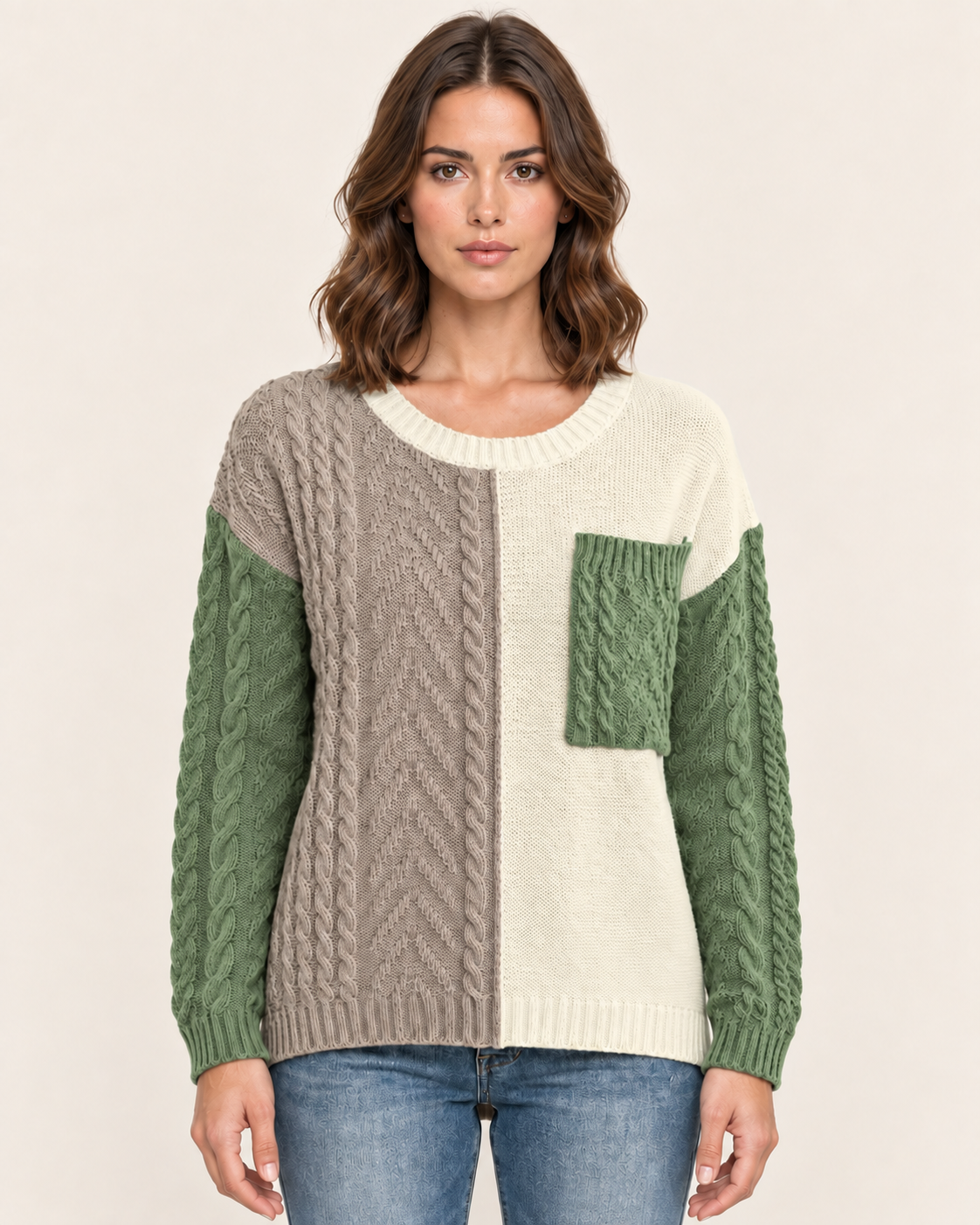 Women's Colour Block Cable Knit Jumper with Patch Pocket in Green