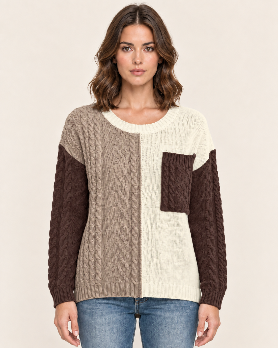 Women's Colour Block Cable Knit Jumper with Patch Pocket in Brown