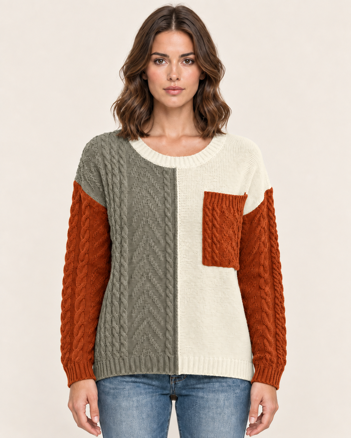 Women's Colour Block Cable Knit Jumper with Patch Pocket in Orange