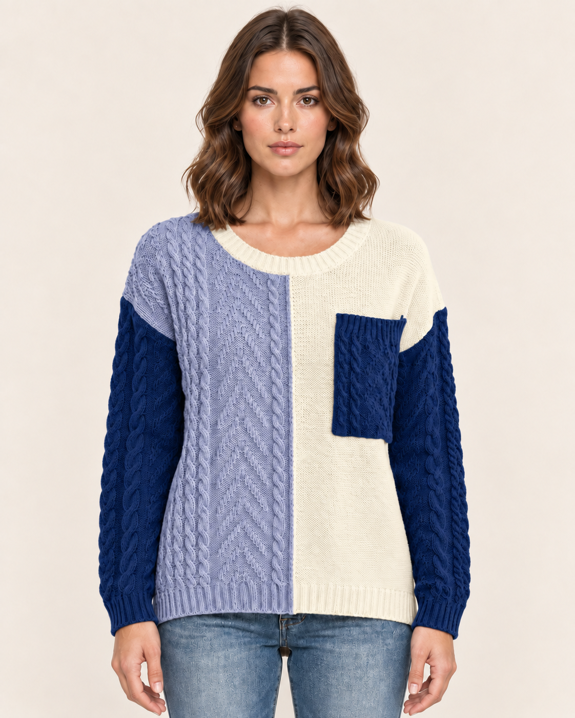 Women's Colour Block Cable Knit Jumper with Patch Pocket in Blue