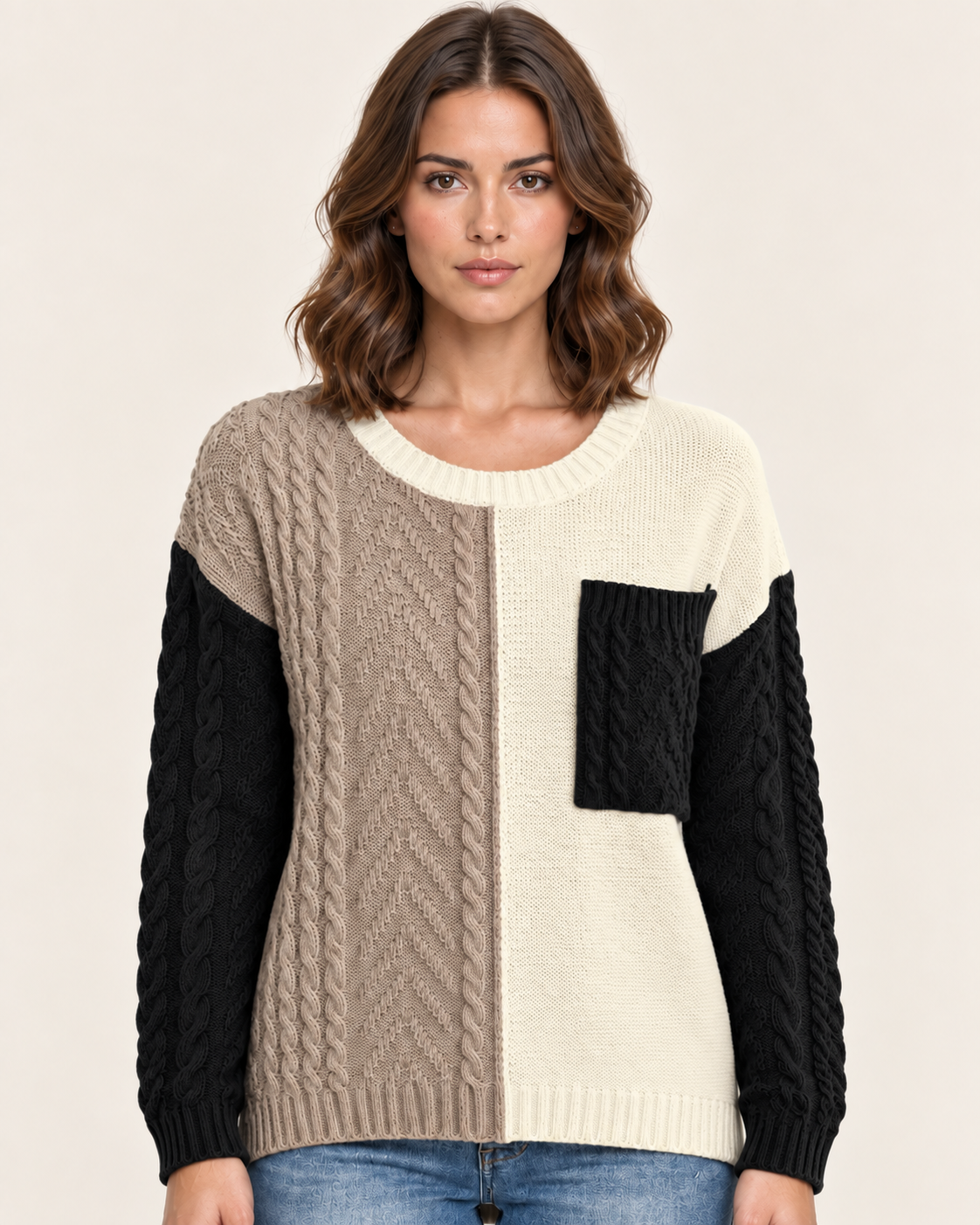 Women's Colour Block Cable Knit Jumper with Patch Pocket in Black