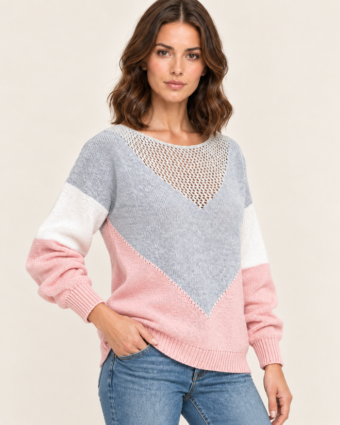 Women's Chevron Colour Block Jumper with Mesh Knit Yoke in Pink and Grey, hand in pocket