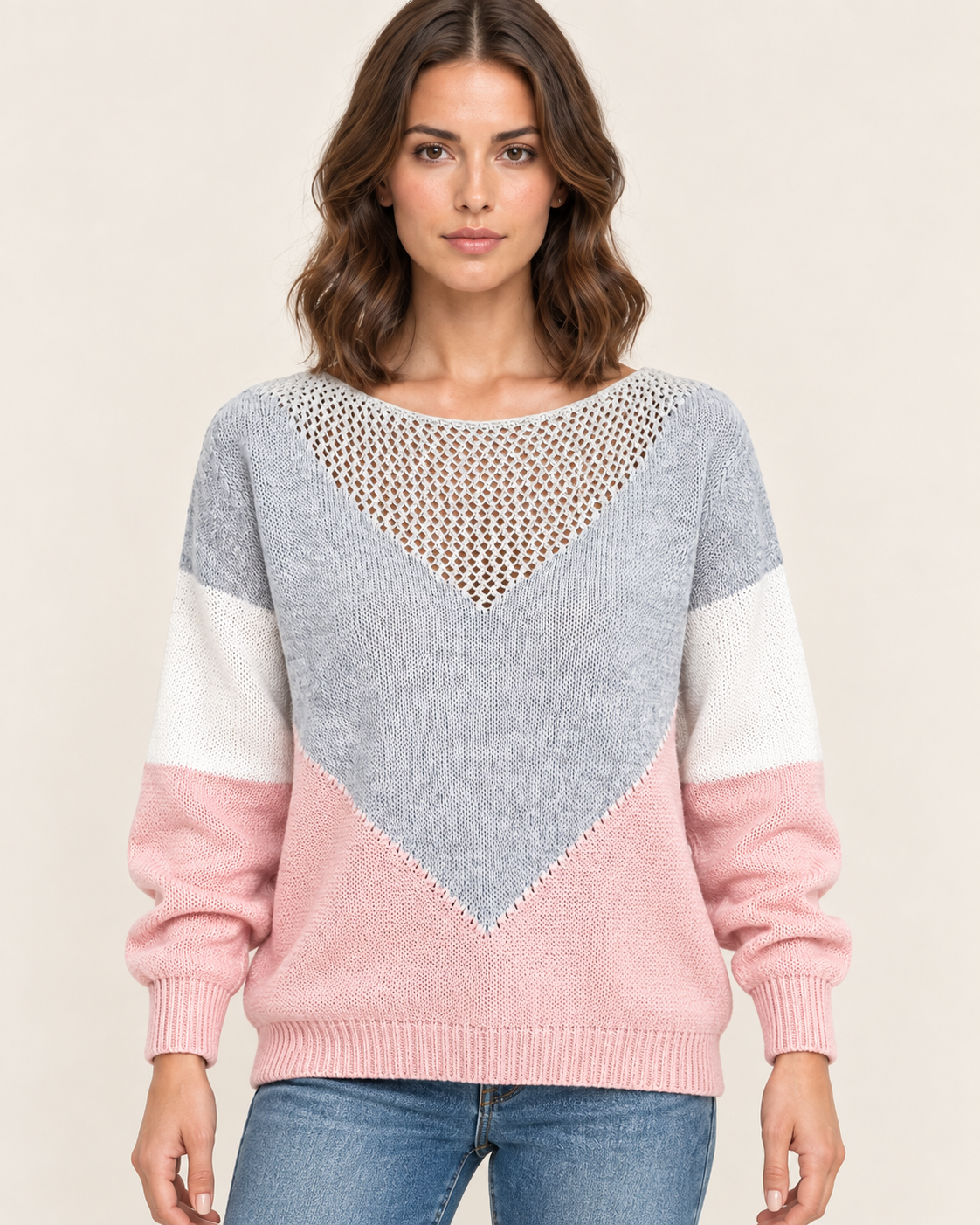 Women's Chevron Colour Block Jumper with Mesh Knit Yoke in Pink and Grey