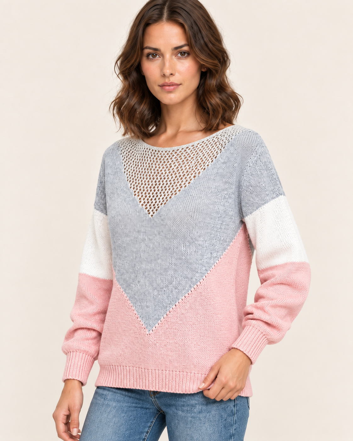 Women's Chevron Colour Block Jumper with Mesh Knit Yoke in Pink and Grey, three quarter view