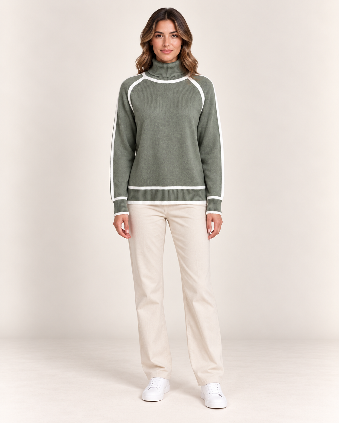 Women's Roll Neck Jumper with Contrast Piping in Sage Green