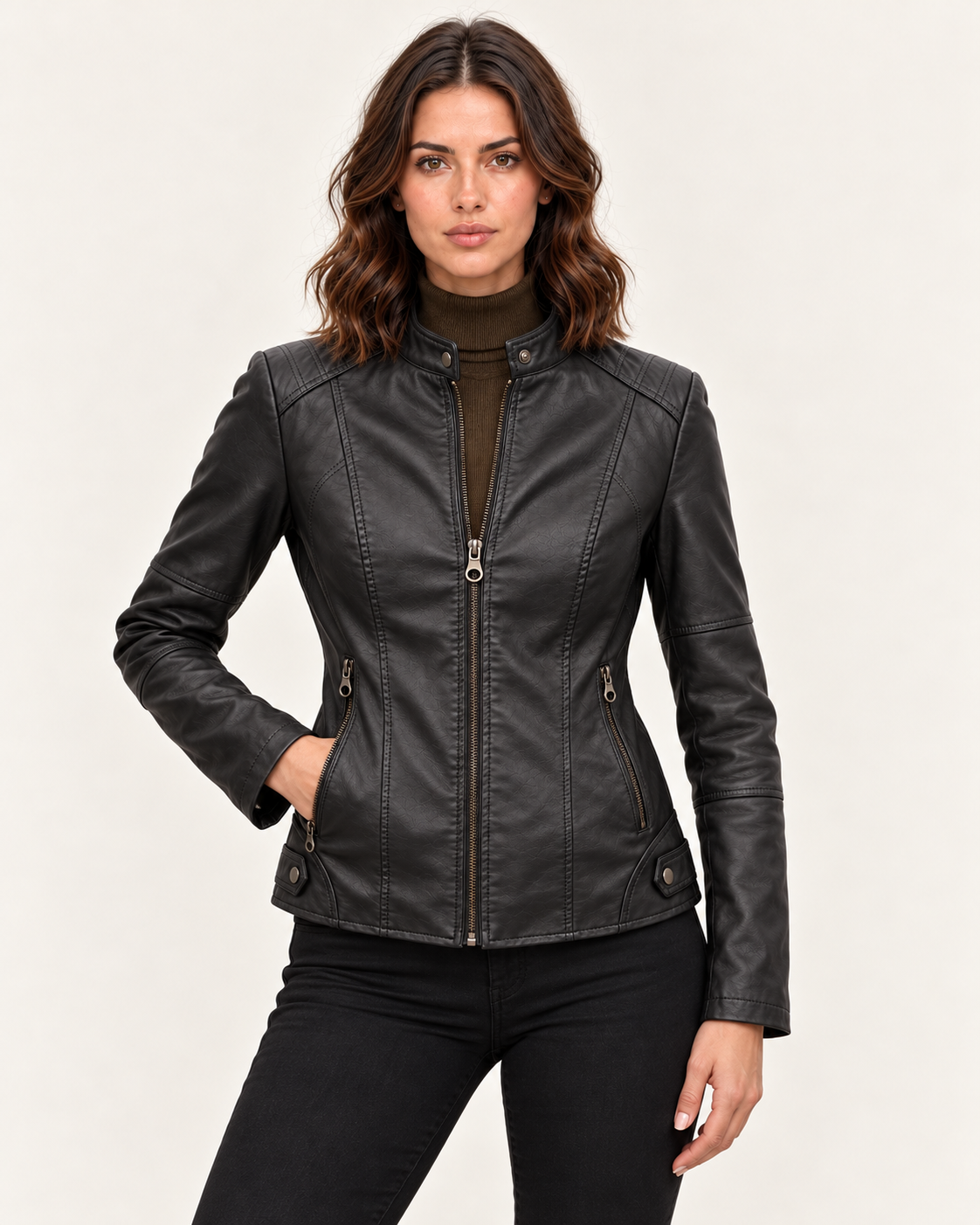 Women's Cropped Faux Leather Racer Jacket