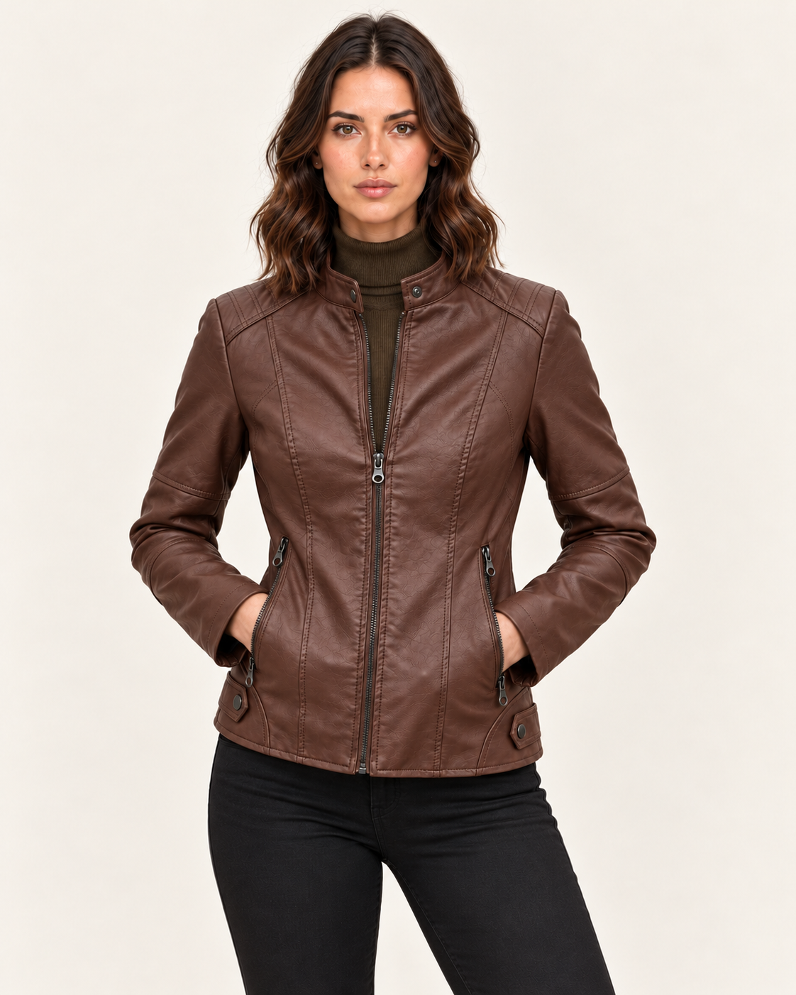Women's Cropped Faux Leather Racer Jacket