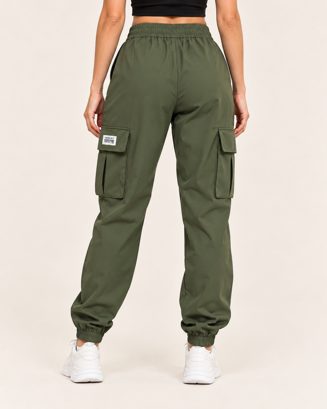 Women's Cuffed Cargo Trousers with Elasticated Waist and Flap Pockets