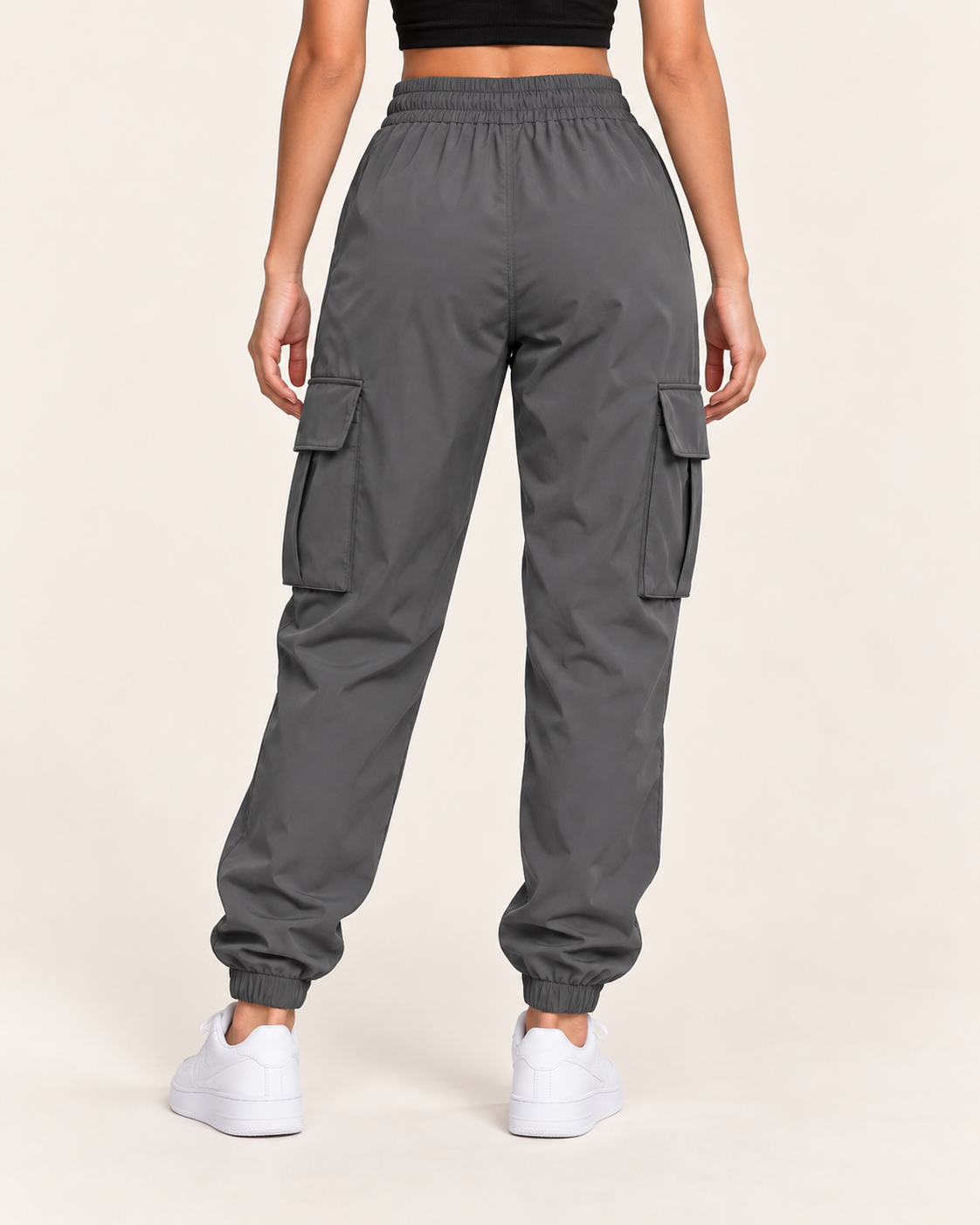 Women's Cuffed Cargo Trousers with Elasticated Waist and Flap Pockets