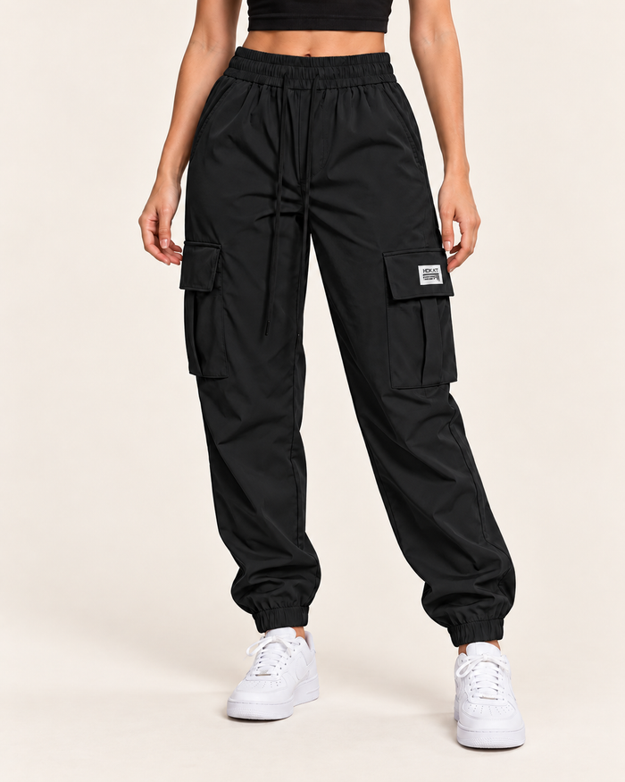 Women's Cuffed Cargo Trousers with Elasticated Waist and Flap Pockets