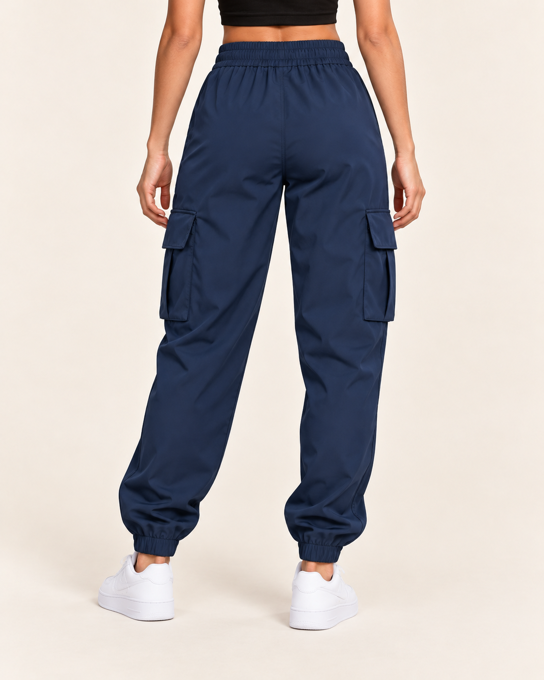 Women's Cuffed Cargo Trousers with Elasticated Waist and Flap Pockets