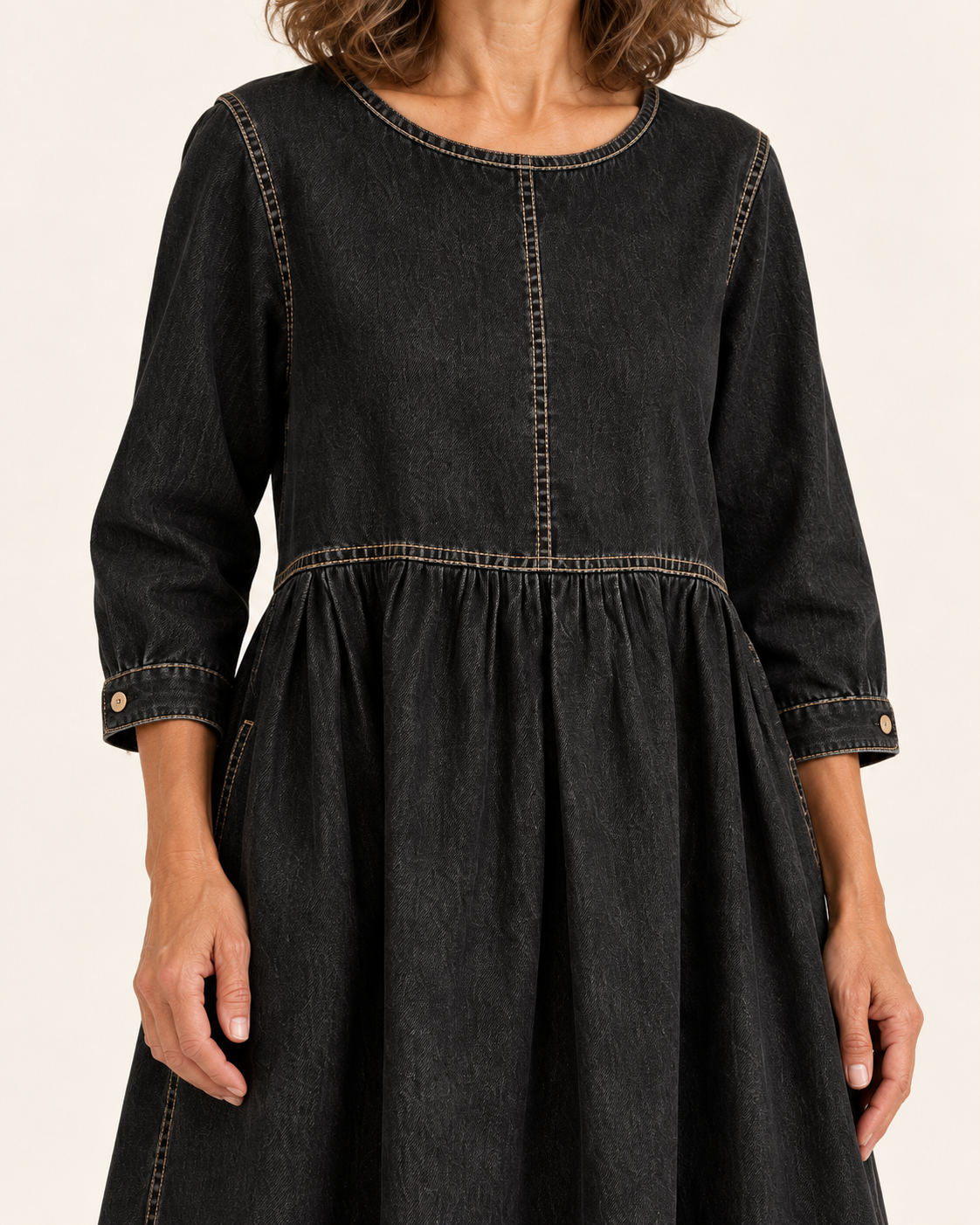 Women's Denim Maxi Dress With Long Sleeves in Black