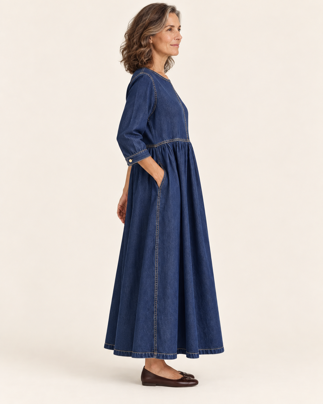 Women's Denim Maxi Dress With Long Sleeves in Navy