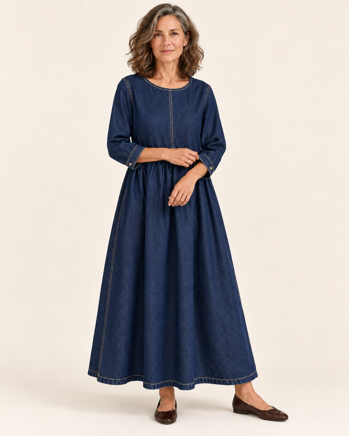 Women's Denim Maxi Dress With Long Sleeves in Navy