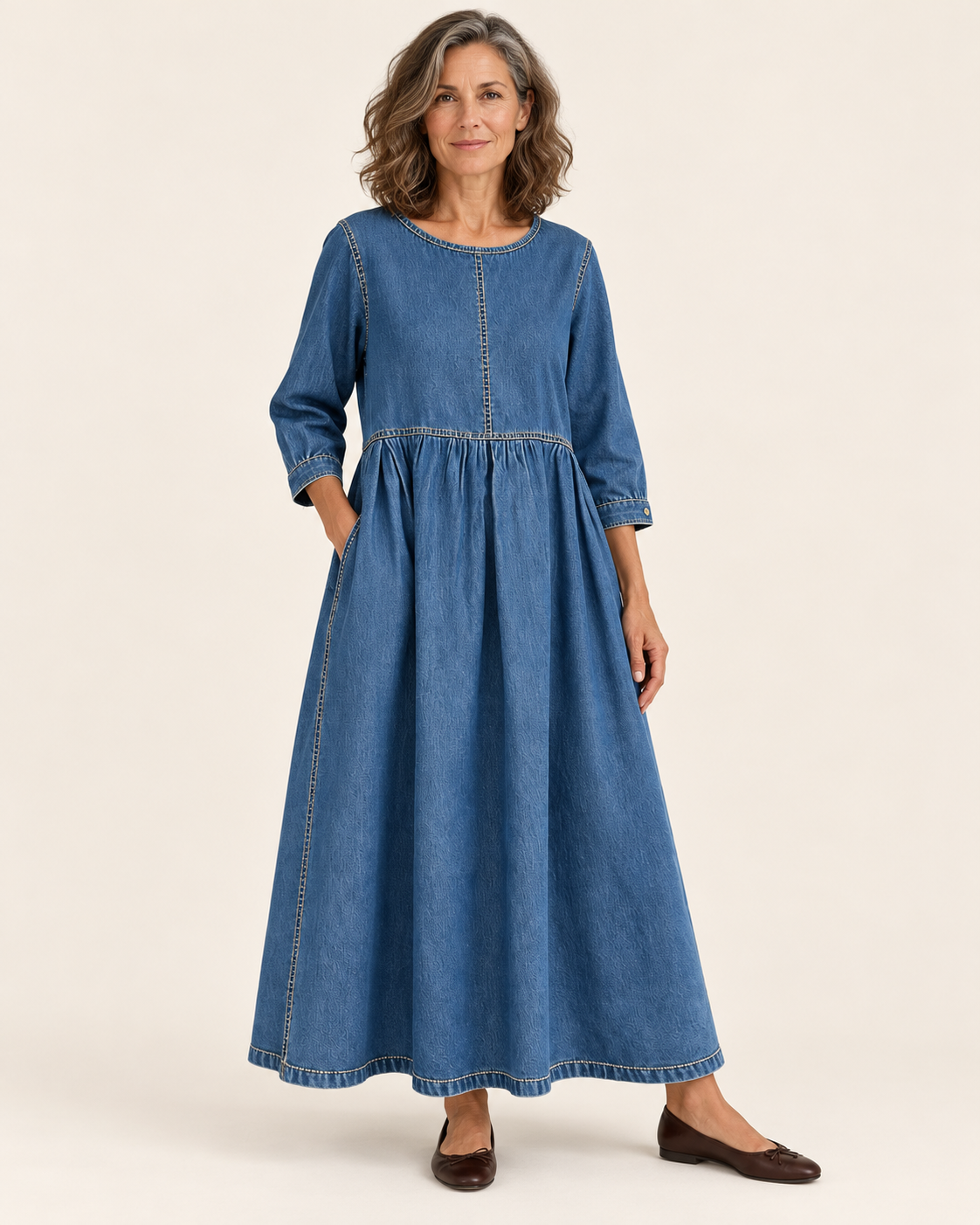 Women's Denim Maxi Dress With Long Sleeves in Blue