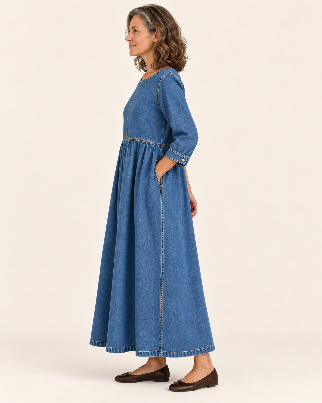 Women's Denim Maxi Dress With Long Sleeves in Blue