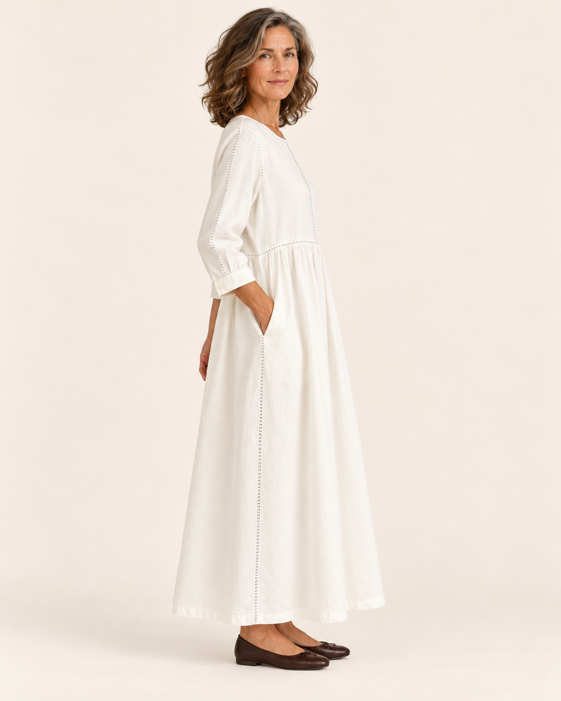 Women's Denim Maxi Dress With Long Sleeves in White