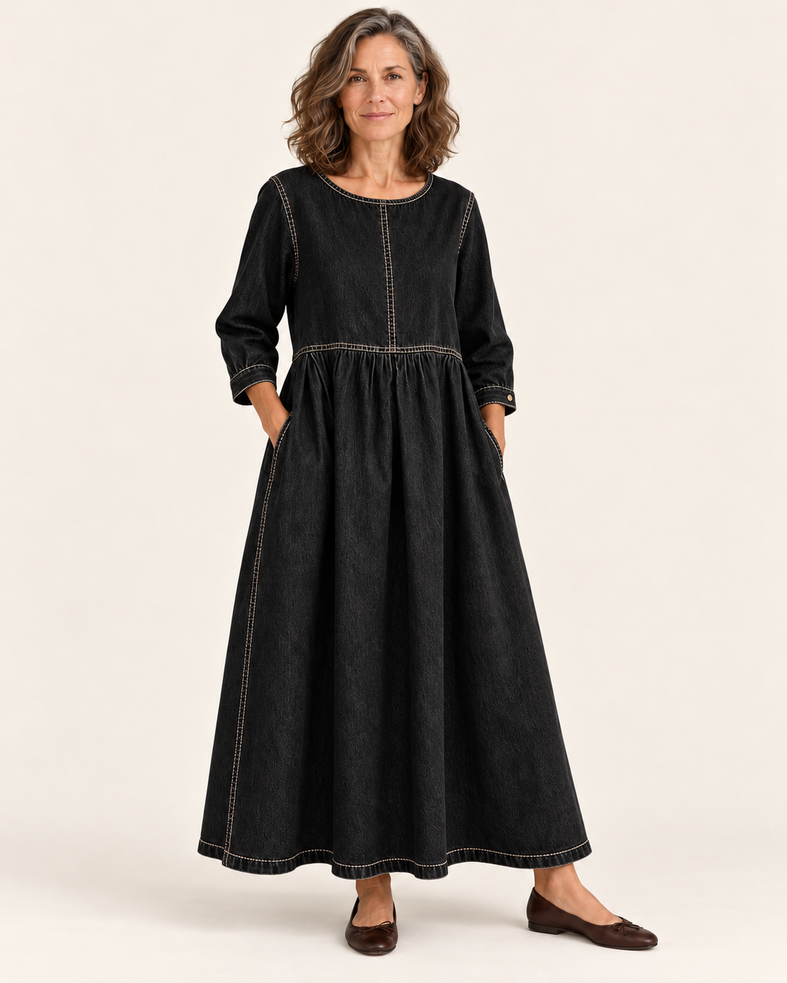 Women's Denim Maxi Dress With Long Sleeves in Black