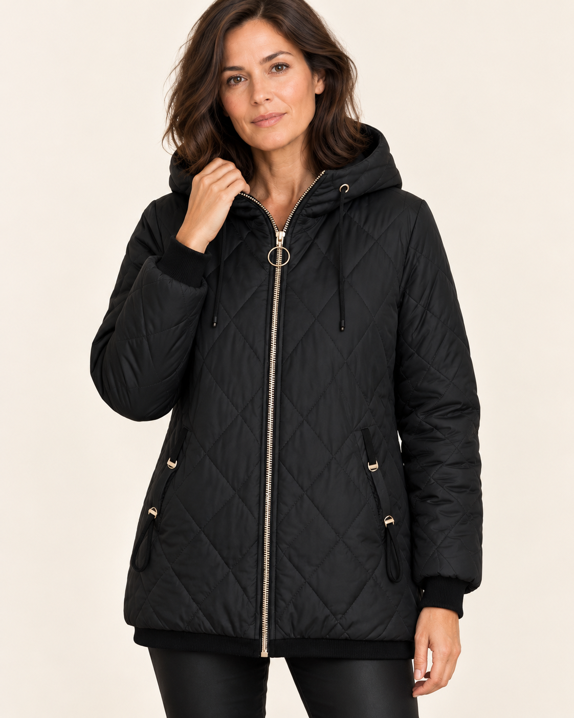 Women's Diamond Quilted Hooded Jacket in Black
