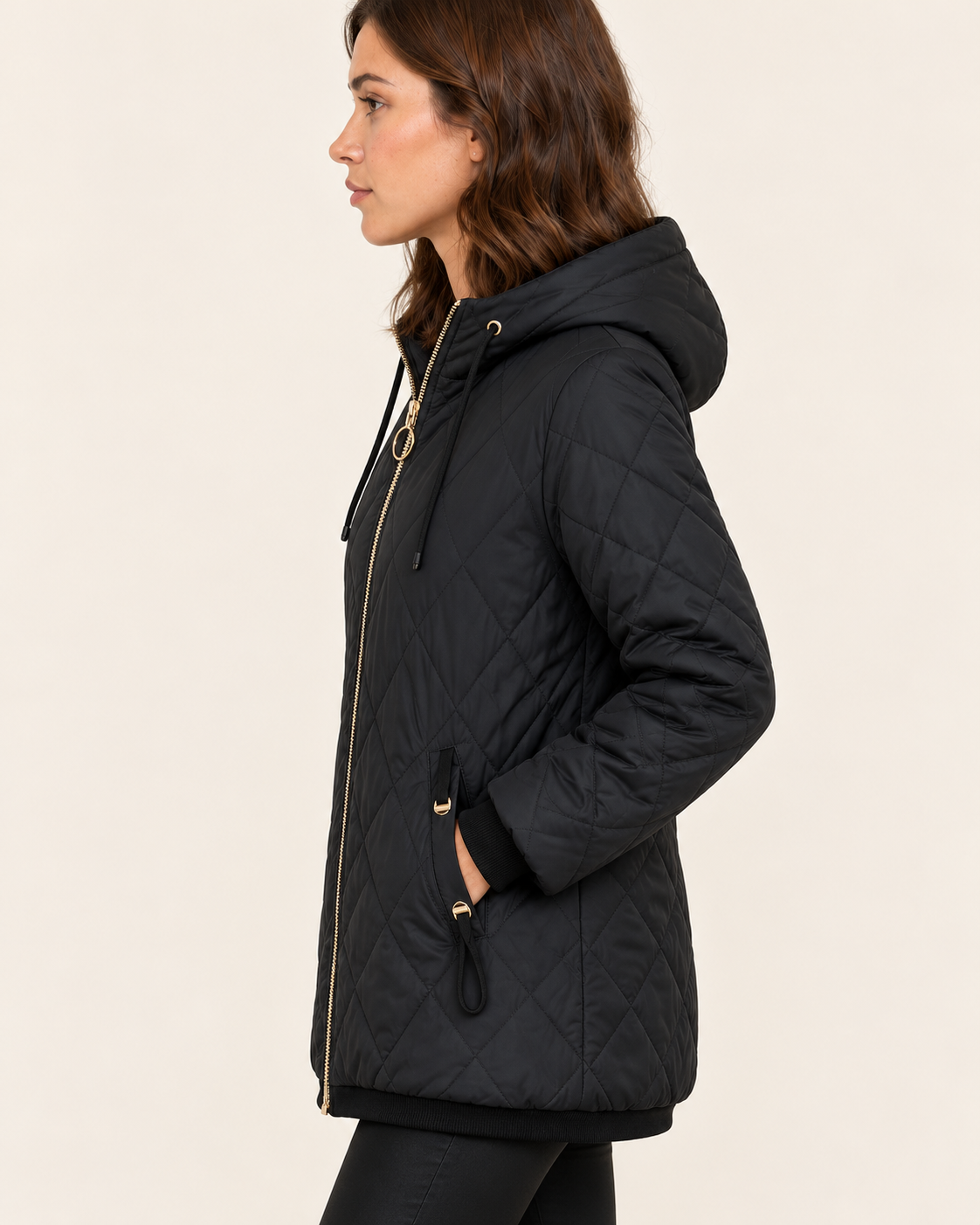 Women's Diamond Quilted Hooded Jacket in Black, view 4
