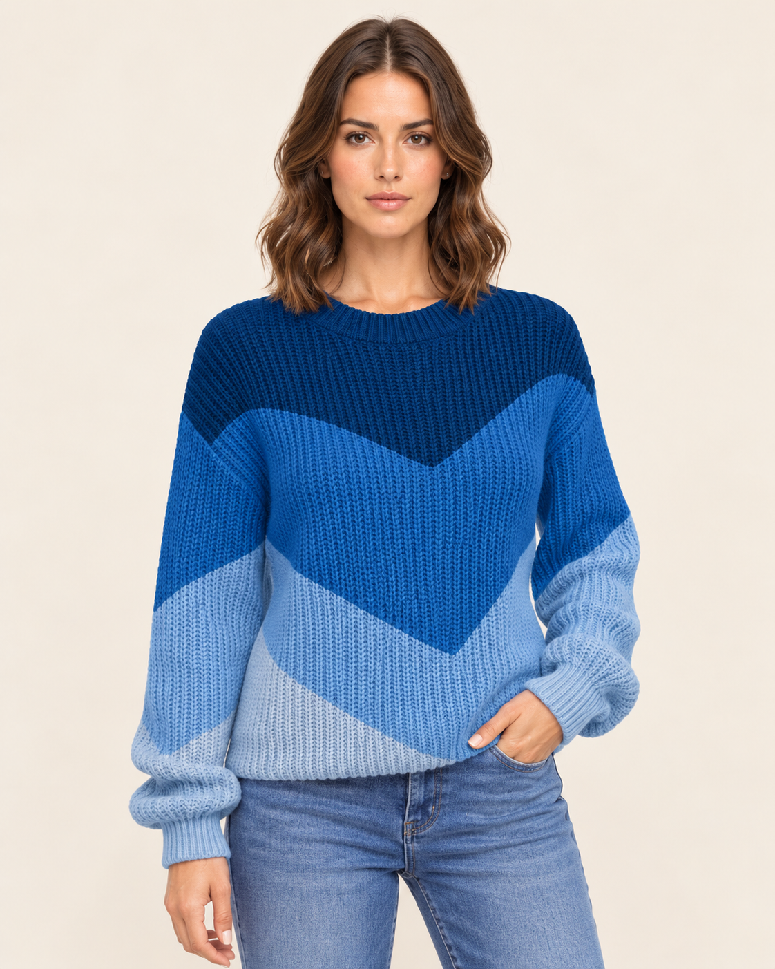 Women's Chevron Colour Block Crew Neck Jumper in Blue