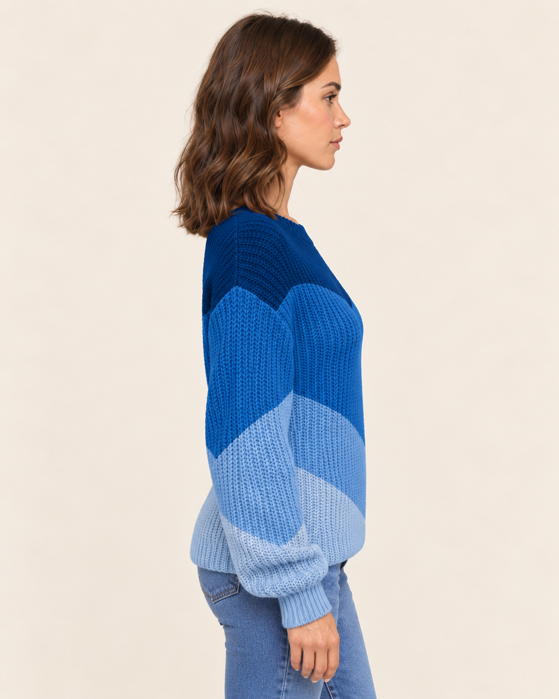 Women's Chevron Colour Block Crew Neck Jumper in Blue, side view