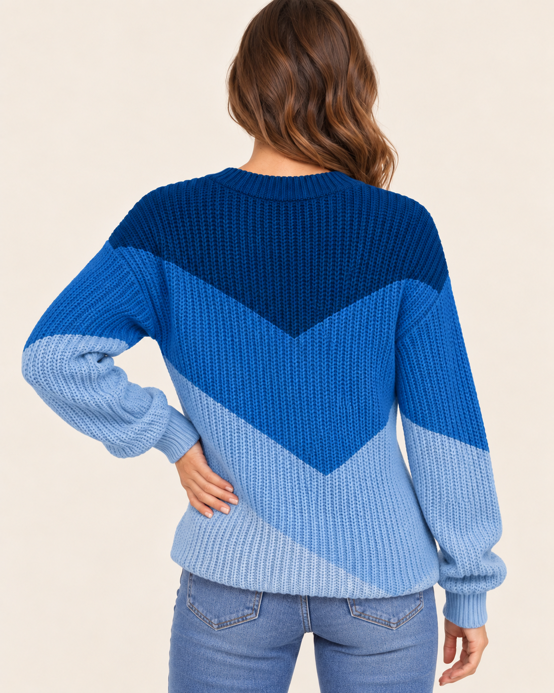 Women's Chevron Colour Block Crew Neck Jumper in Blue, back view