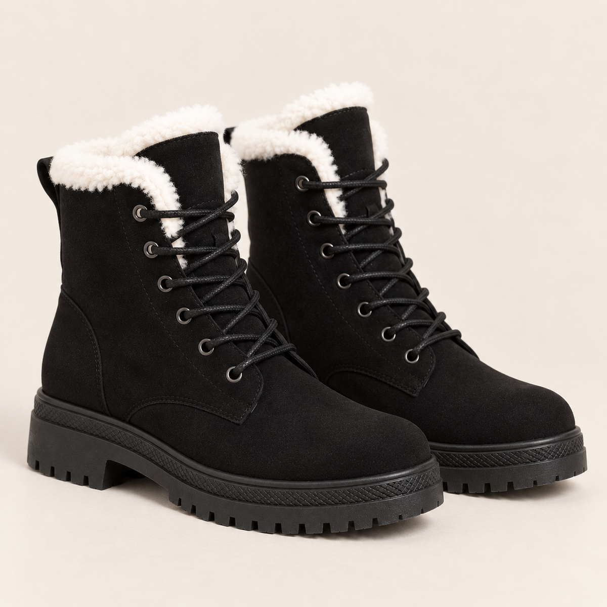 Women's Faux Fur Lined Lace Up Ankle Boots with Lug Sole in Black, three quarter view