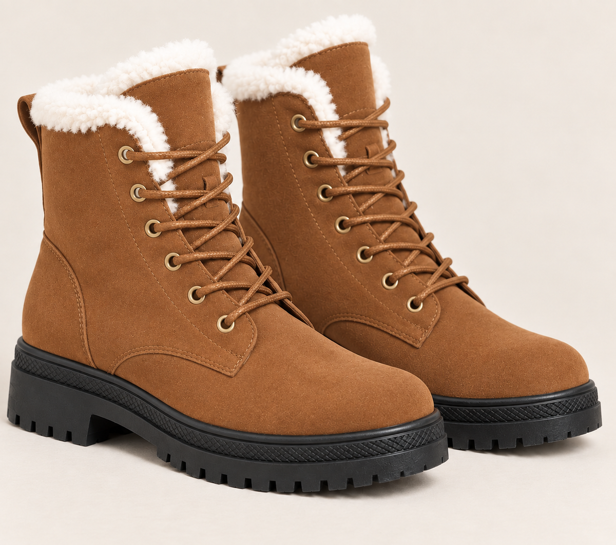Women's Faux Fur Lined Lace Up Ankle Boots with Lug Sole in Tan, three quarter view