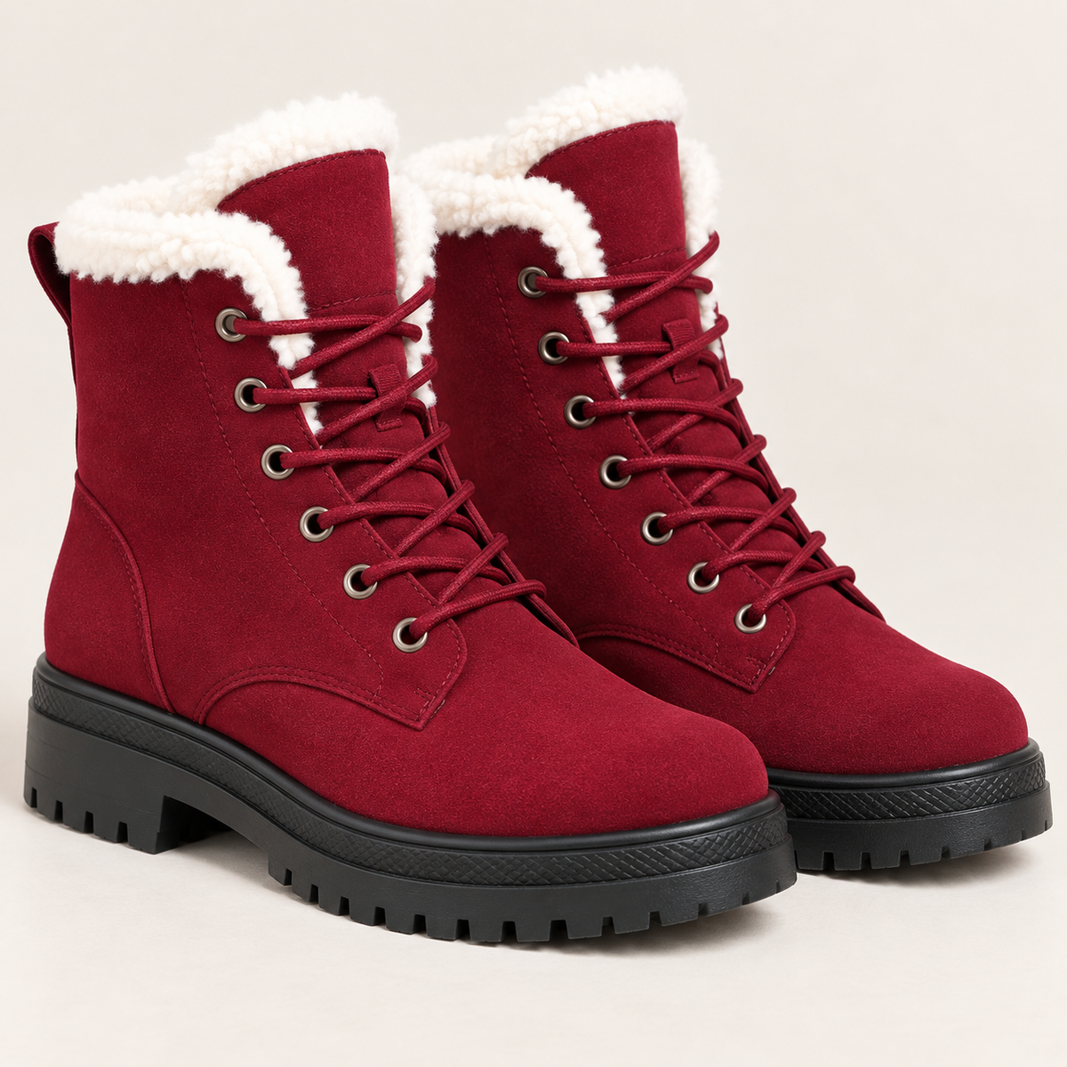 Women's Faux Fur Lined Lace Up Ankle Boots with Lug Sole in Burgundy, three quarter view