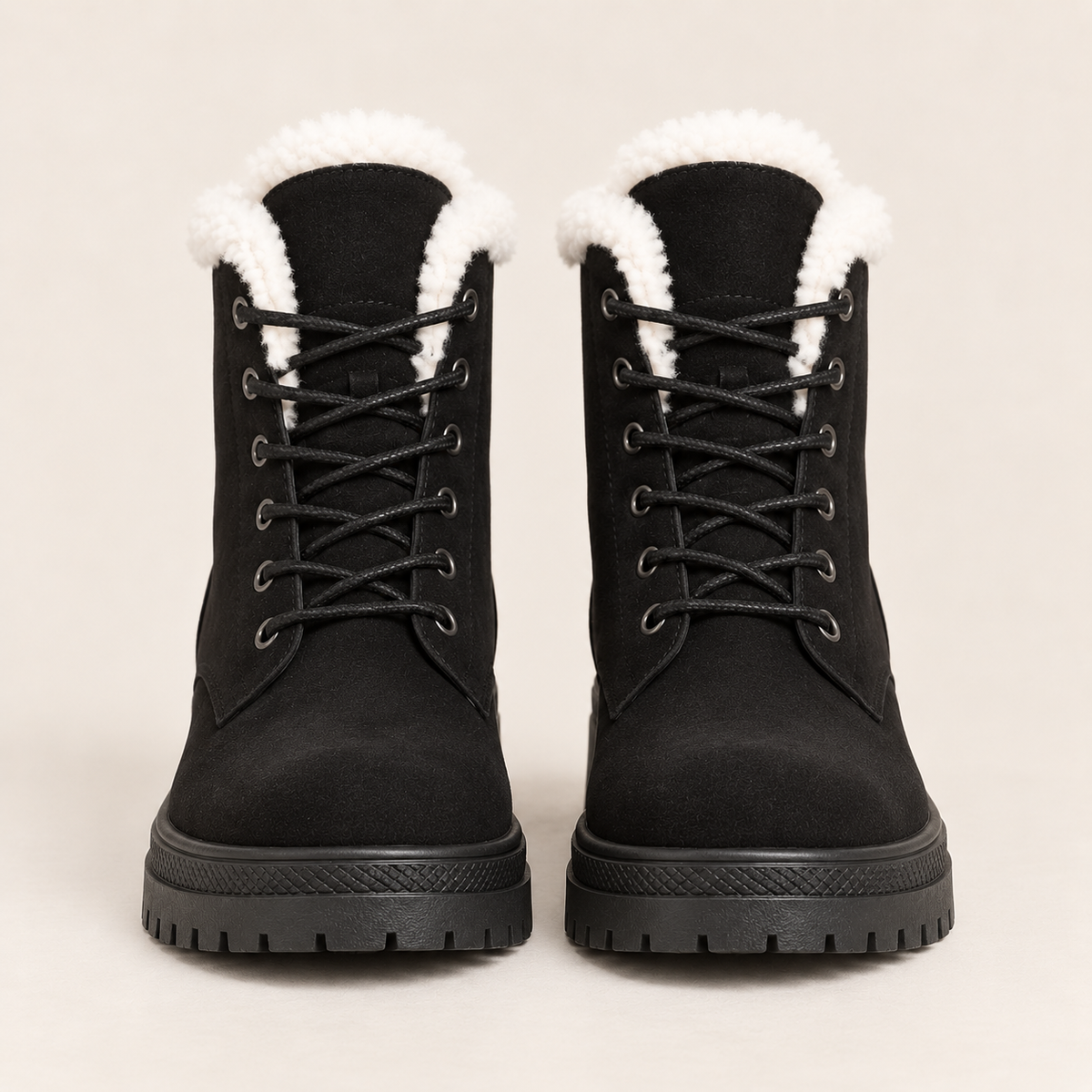 Women's Faux Fur Lined Lace Up Ankle Boots with Lug Sole in Black