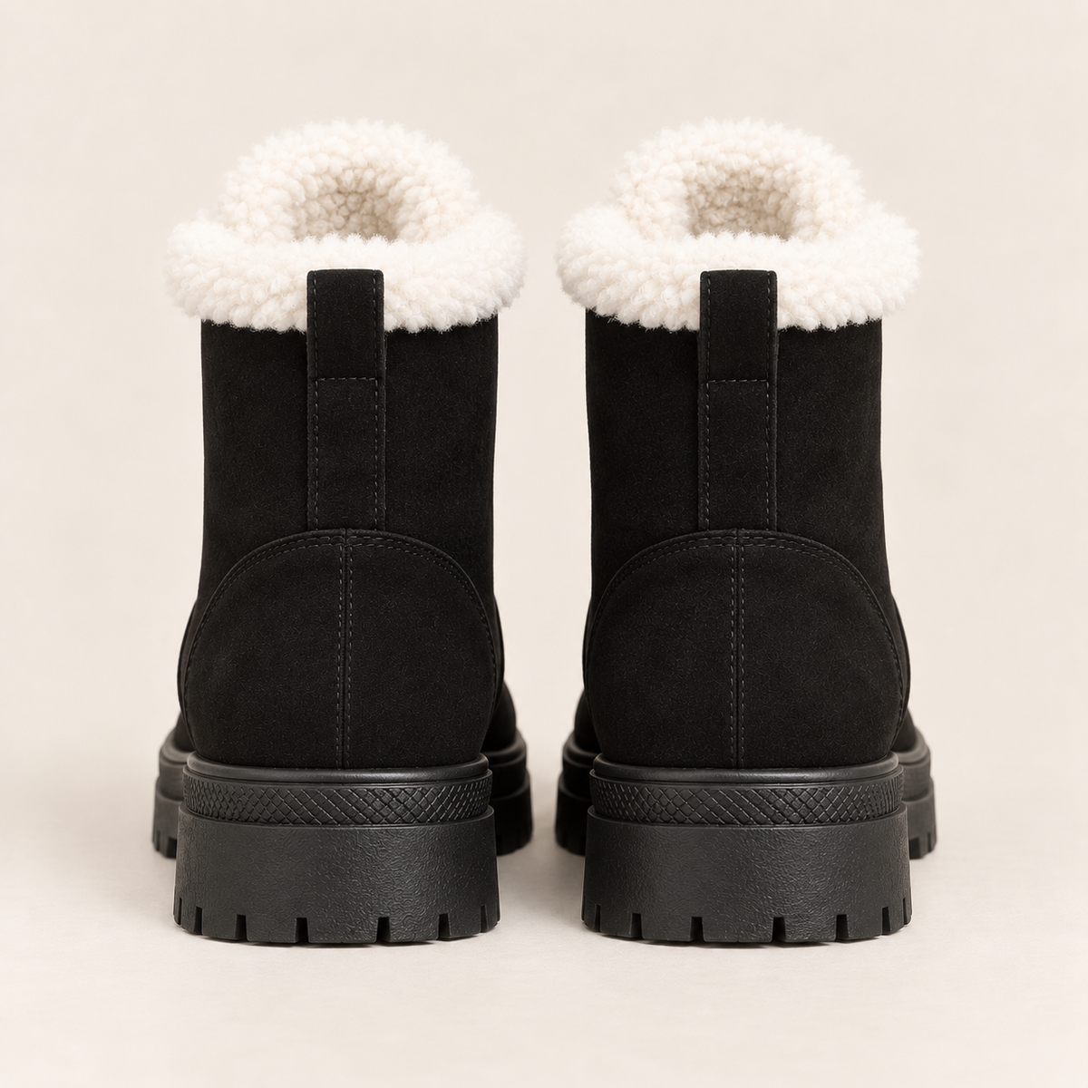 Women's Faux Fur Lined Lace Up Ankle Boots with Lug Sole in Black, back view