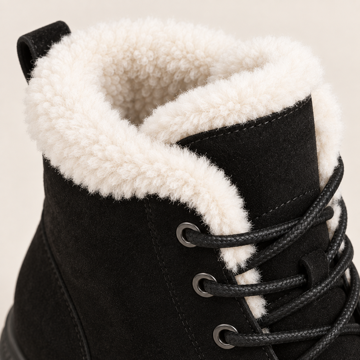 Women's Faux Fur Lined Lace Up Ankle Boots with Lug Sole in Black, close up